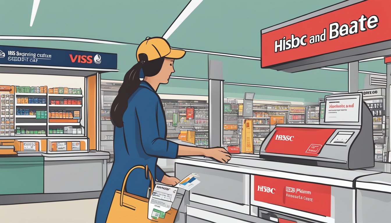 A person swiping an HSBC Visa Platinum Credit Card at a store checkout, with a sign displaying "Spending and Rebates" in the background