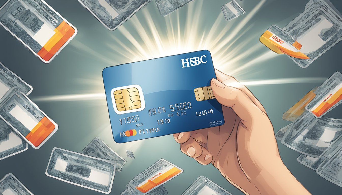 A hand holding an HSBC Visa Platinum Credit Card, surrounded by other credit cards, with a spotlight shining on the HSBC card