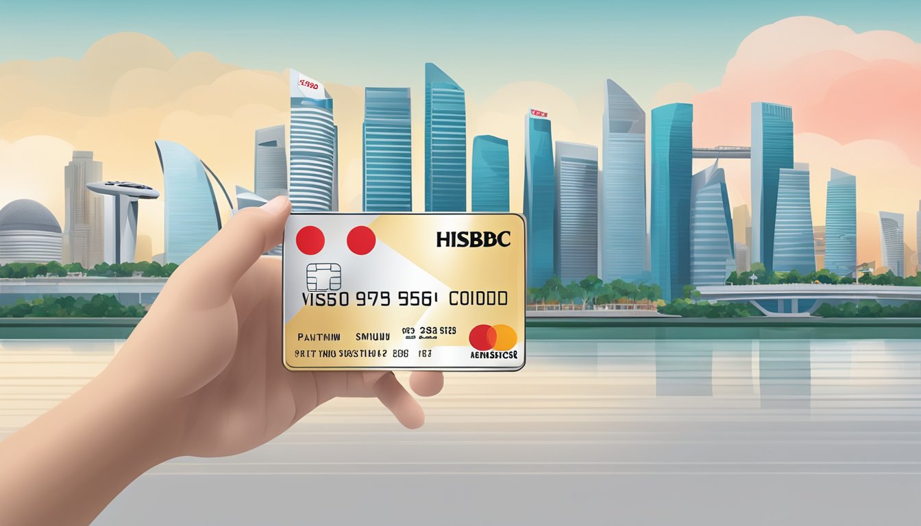 A hand holding a HSBC Visa Platinum Credit Card with Singapore skyline in the background