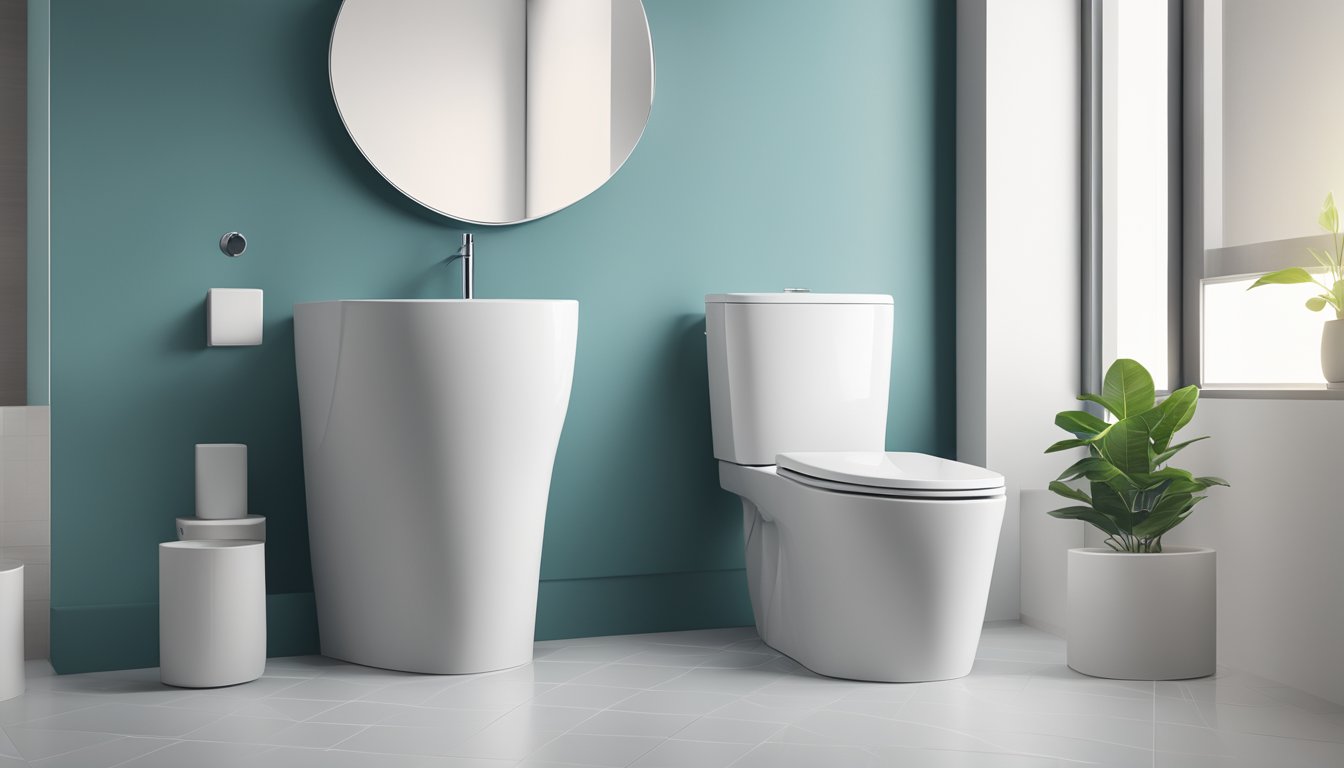 A sleek, modern toilet bowl with an innovative flushing system, surrounded by clean, minimalist bathroom decor