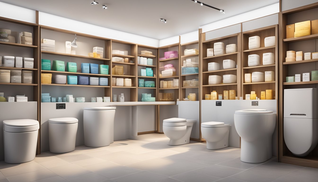 Various toilet bowl brands and models displayed on shelves in a well-lit showroom