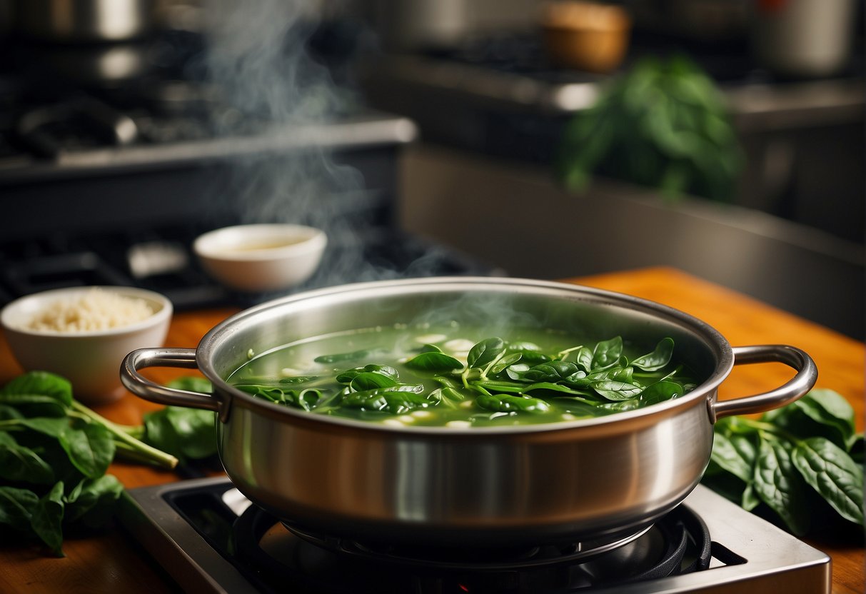 A pot of Chinese spinach soup simmers on a stove, steam rising, with vibrant green spinach leaves and clear broth