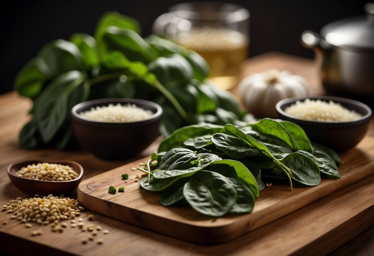 A cutting board with fresh Chinese spinach, garlic, and broth. A pot simmering on the stove with the ingredients being added in