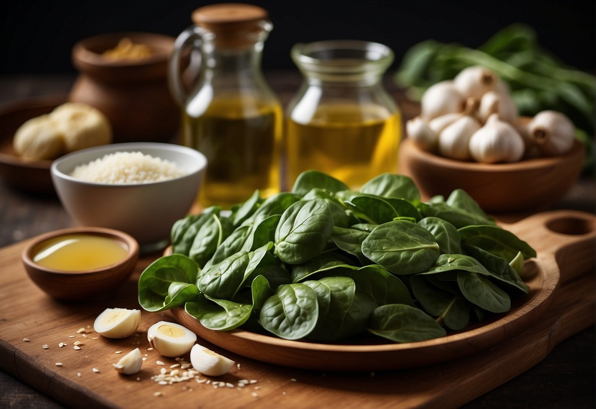 Fresh spinach, garlic, and ginger on a cutting board. A pot of broth simmering on the stove. Ingredients and seasonings neatly arranged on the counter