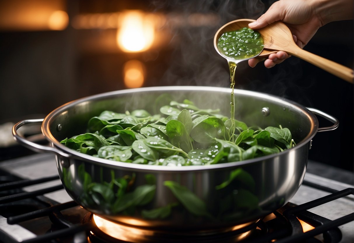 Chinese spinach being washed, chopped, and added to boiling broth with garlic, ginger, and soy sauce. A simmering pot on a stove