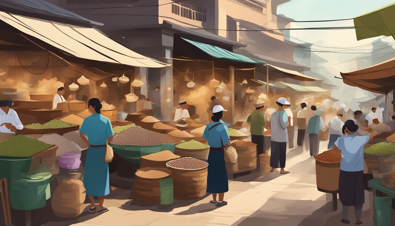 A bustling Vietnamese street market with vendors selling bags of aromatic coffee beans and steaming cups of rich, dark coffee