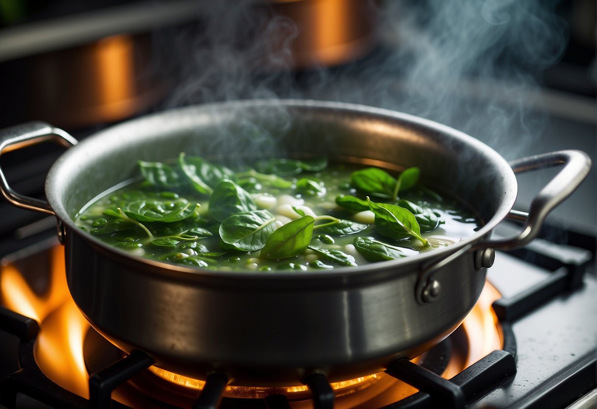 A pot of Chinese spinach soup simmers on the stove, filled with aromatic spices and herbs. Steam rises from the pot, carrying the rich and savory aroma of the flavorful broth