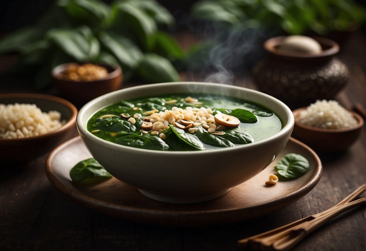 A steaming bowl of Chinese spinach soup surrounded by fresh spinach leaves, sliced mushrooms, and a sprinkle of sesame seeds
