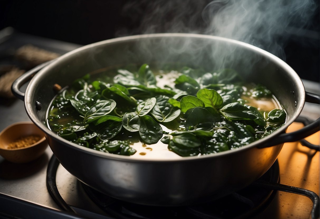 A pot of Chinese spinach soup simmers on a stove, steam rising, with a ladle resting on the side. Ingredients like spinach, broth, and seasonings are neatly arranged nearby