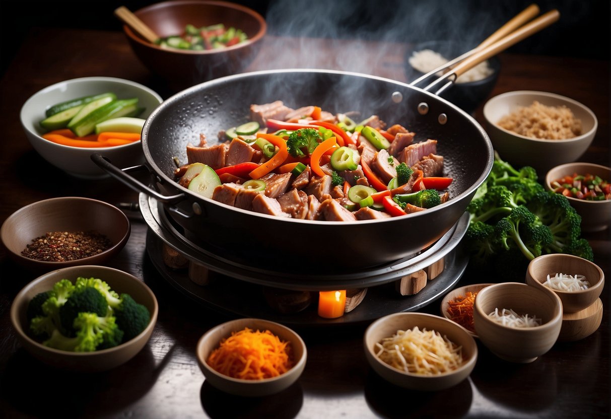 A sizzling wok filled with marinated pork slices and fragrant spices, surrounded by fresh vegetables and traditional Chinese cooking utensils