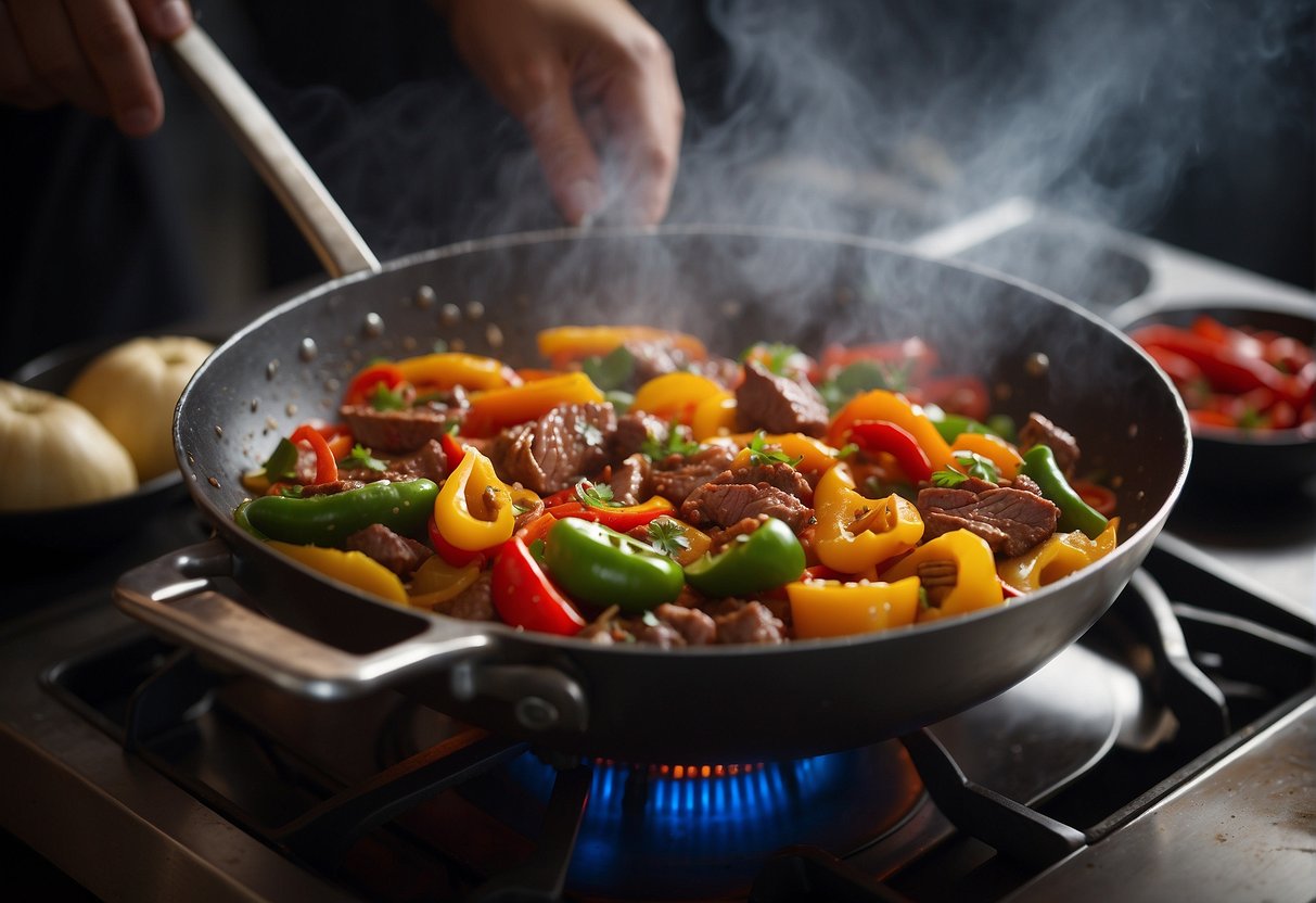 A sizzling wok tosses strips of beef, vibrant bell peppers, and aromatic spices in a fragrant sauce. Steam rises as the dish comes together