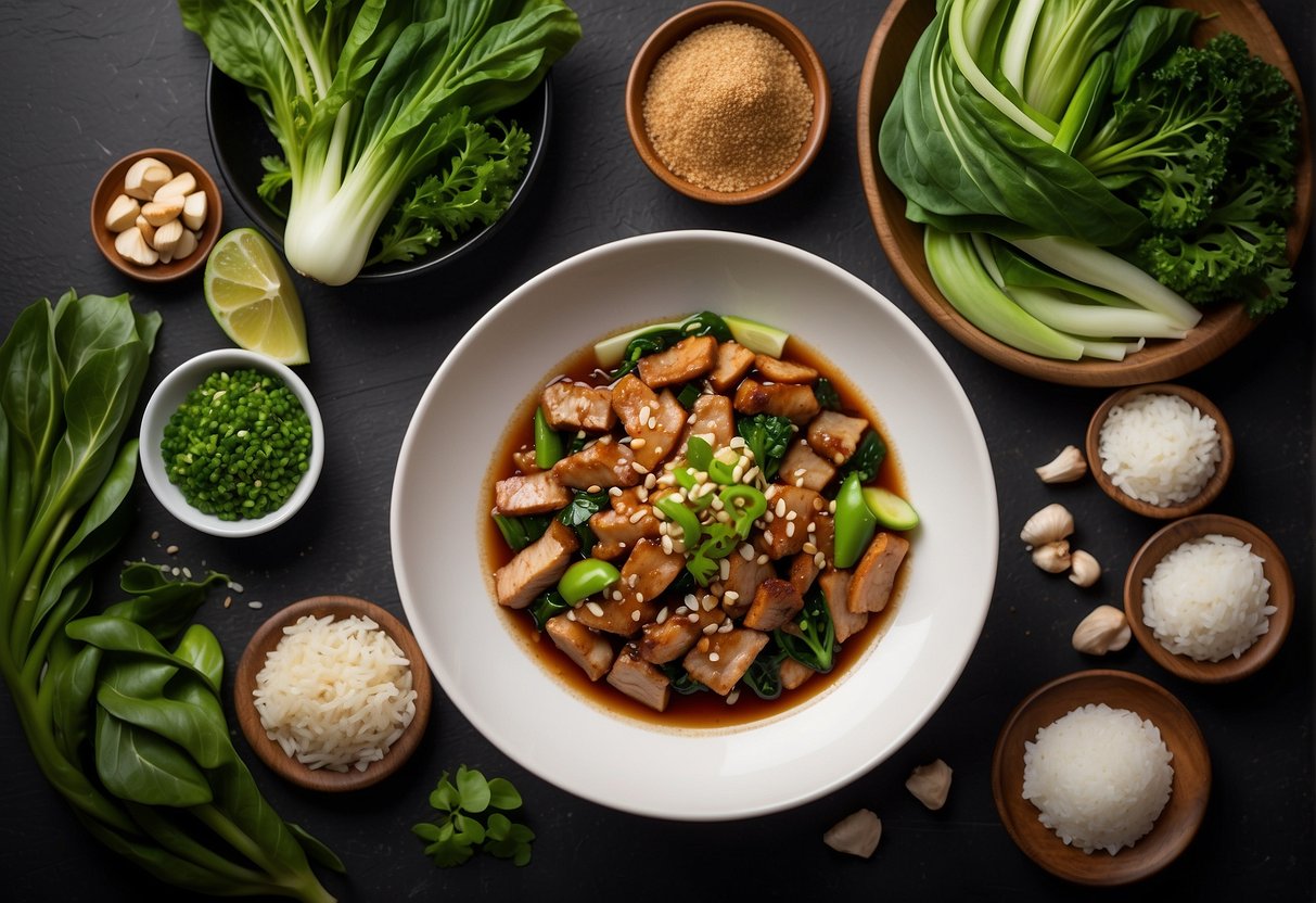 A sizzling wok of marinated pork strips, surrounded by vibrant green bok choy and aromatic ginger and garlic