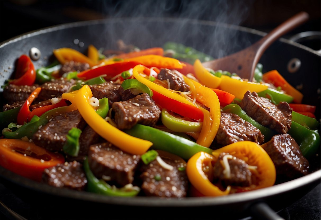 Sizzling beef strips in a wok with vibrant bell peppers, onions, and aromatic spices. A steaming, savory sauce is being drizzled over the sizzling ingredients