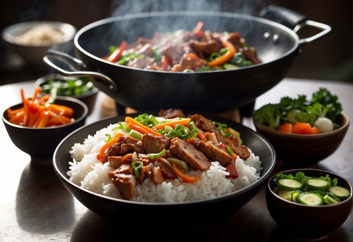 A sizzling wok filled with aromatic Chinese spices and succulent pork slices, surrounded by bowls of fresh vegetables and steaming rice