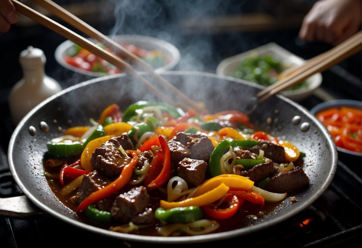 A wok sizzles with marinated beef, bell peppers, and onions in a fragrant sauce. Steam rises as the ingredients are stir-fried over high heat, creating an aromatic and flavorful Chinese pepper steak dish