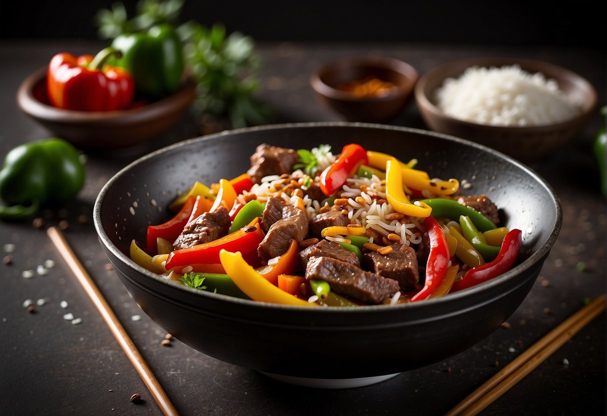 A sizzling wok filled with tender strips of beef, vibrant bell peppers, and aromatic spices, accompanied by a side of fluffy white rice and a pair of elegant chopsticks