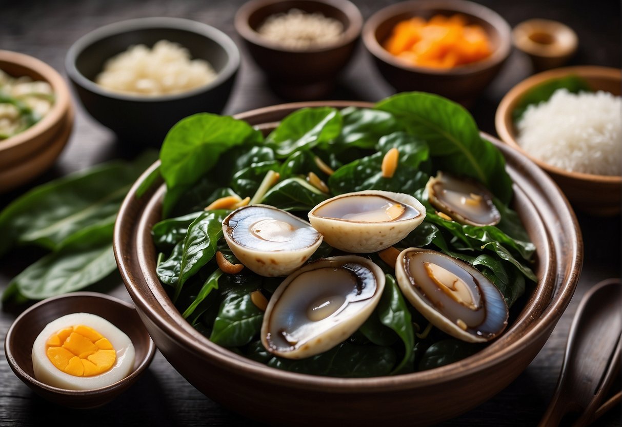 A steaming bowl of Chinese spinach and abalone, surrounded by traditional Chinese cooking utensils and ingredients