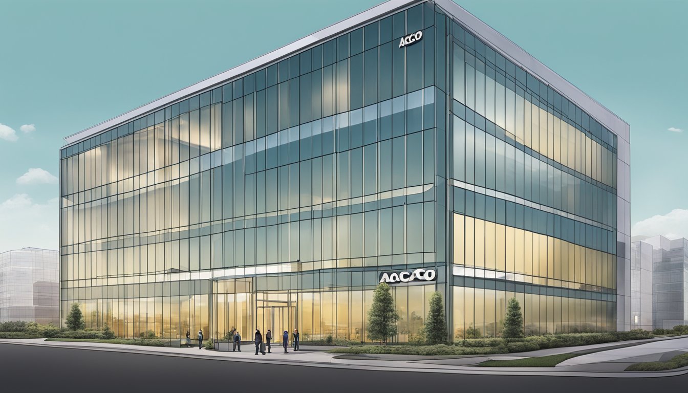 The office building of Acco Brands Corp stands tall and modern, with glass windows reflecting the surrounding cityscape. The logo is prominently displayed on the entrance, and employees can be seen entering and exiting the building