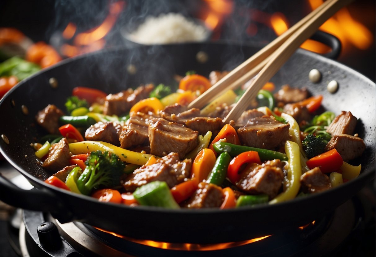 Sizzling pork stir-frying in a wok with traditional Chinese spices and sauces. Chopped vegetables and aromatic herbs nearby