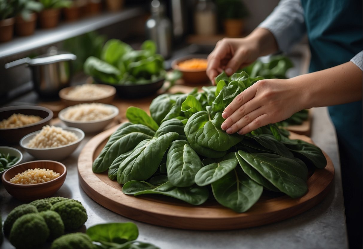 A hand reaches for fresh chinese spinach and abalone on a kitchen counter. Ingredients are neatly arranged, ready for cooking