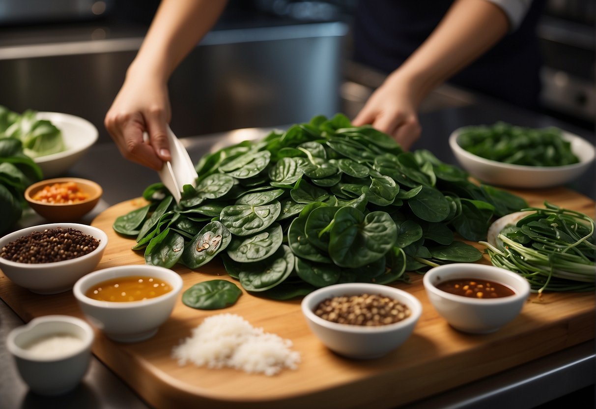 Chinese spinach and abalone being washed and sliced, with various seasonings and sauces laid out on a kitchen counter