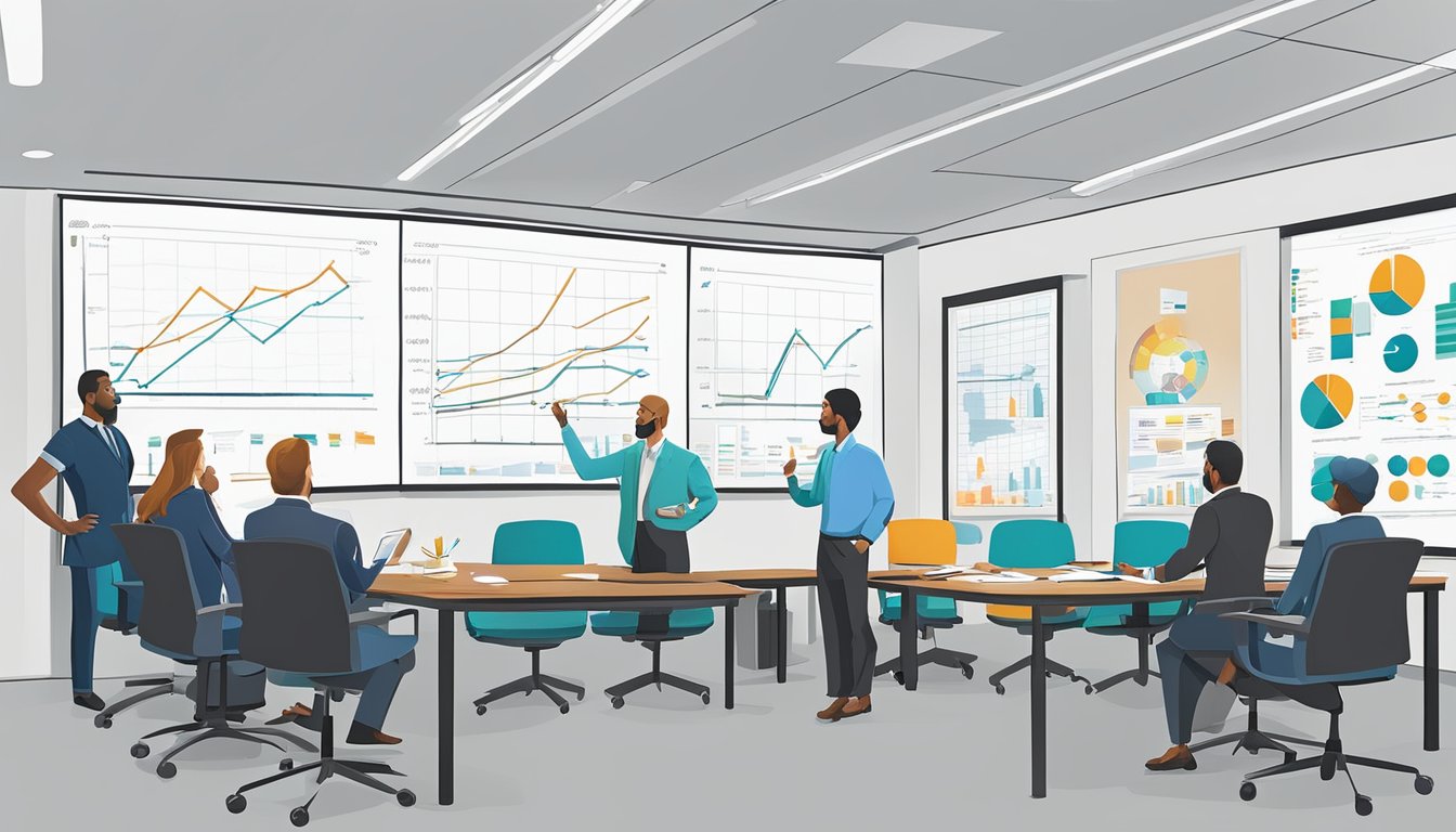 A conference room filled with executives discussing and planning strategic initiatives for Acco Brands Corp. Charts and graphs are displayed on the wall, and a whiteboard is filled with brainstorming ideas
