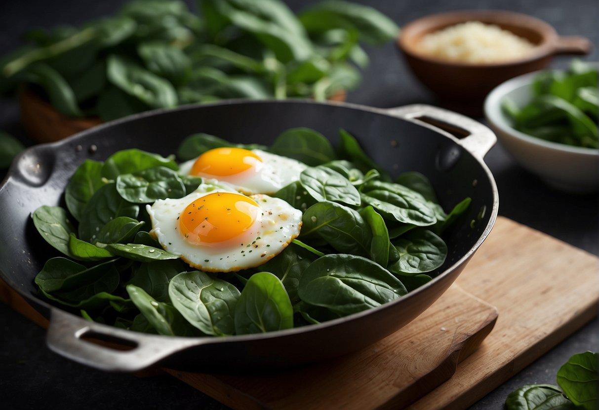 Fresh spinach leaves sautéed with beaten eggs in a wok. The vibrant green spinach wilts and the eggs cook, creating a colorful and delicious dish