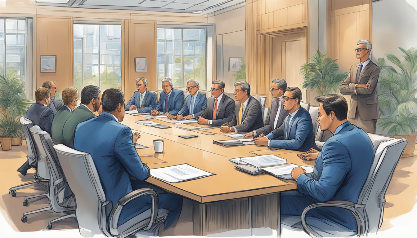 A group of corporate leaders strategizing in a boardroom meeting at ACCO Brands Corp