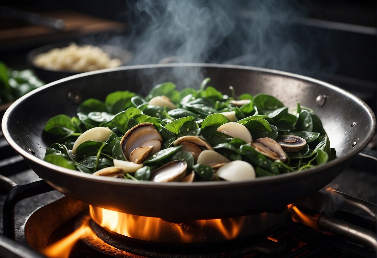 Chinese spinach and abalone sizzle in a hot wok, surrounded by aromatic garlic and ginger. Steam rises as the ingredients cook together