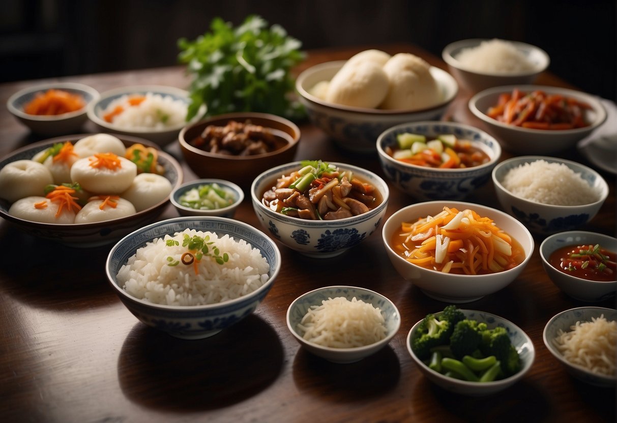 A table set with various traditional Chinese side dishes and accompaniments for pork dishes. Bowls of pickled vegetables, steamed buns, and rice are arranged neatly on the table