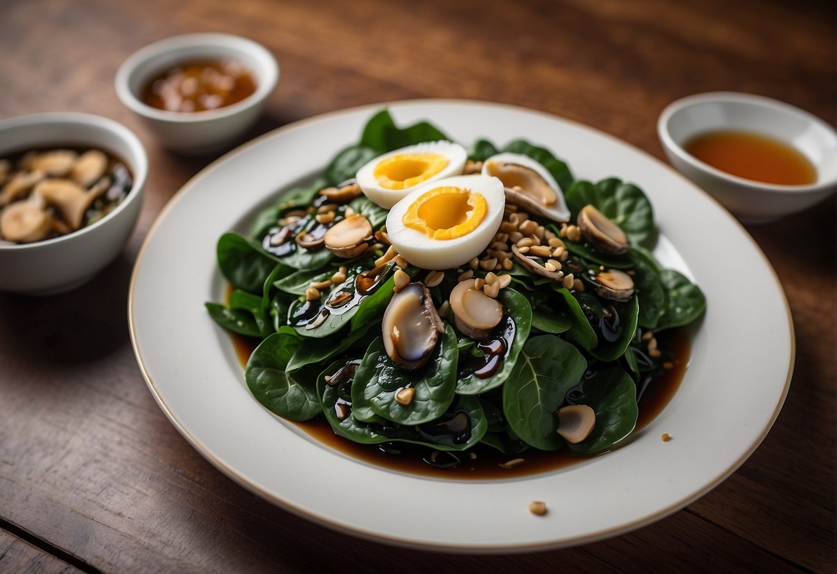 A plate of Chinese spinach with abalone, garnished with sliced ginger and drizzled with oyster sauce, sits on a wooden table