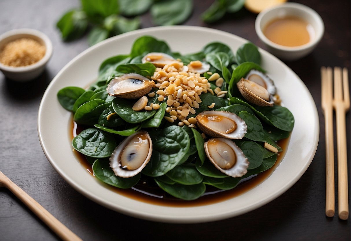A plate of Chinese spinach with abalone, surrounded by small dishes of ginger, garlic, and oyster sauce