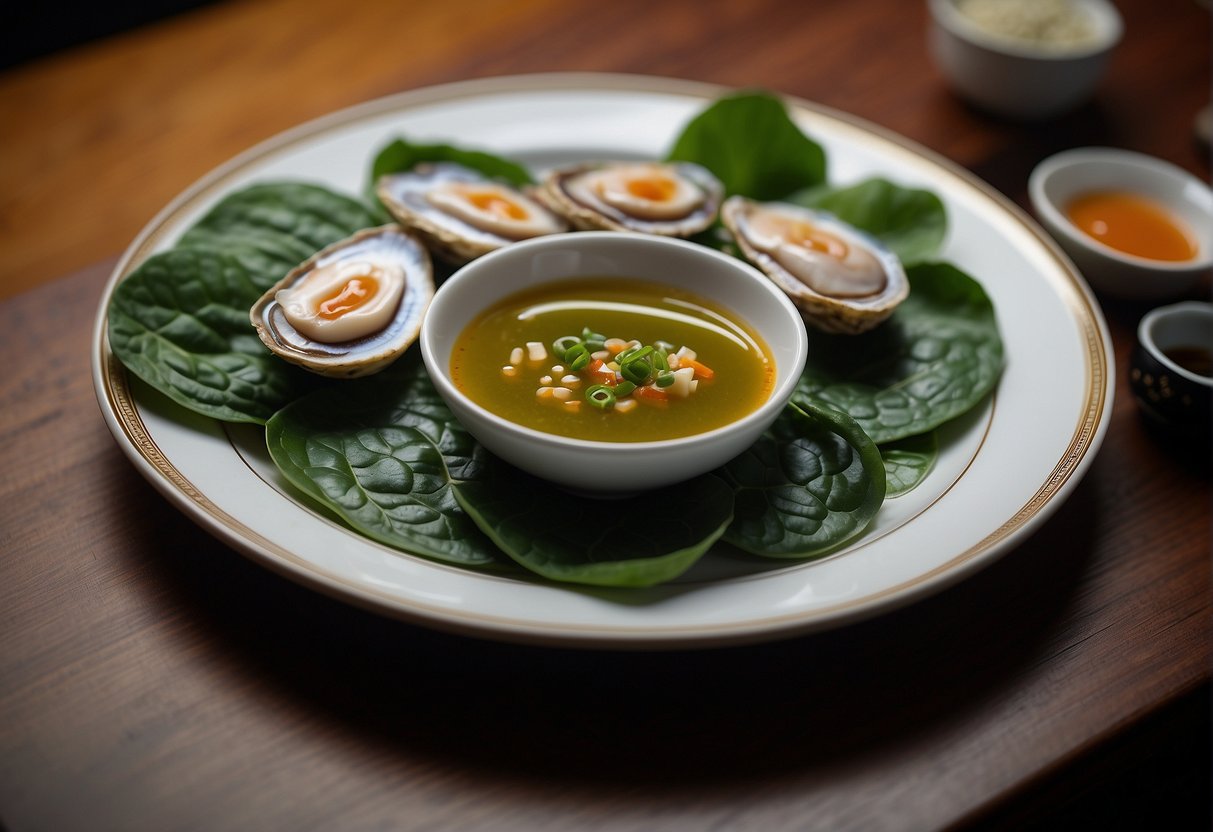 Chinese spinach and abalone arranged on a platter, with a bowl of savory sauce beside it