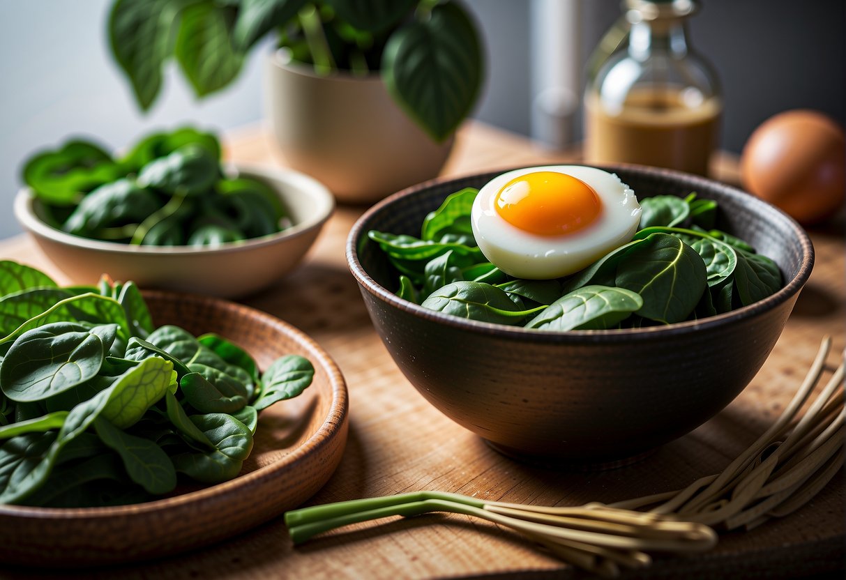 A bunch of fresh Chinese spinach, three eggs, a bowl, and a whisk on a kitchen counter