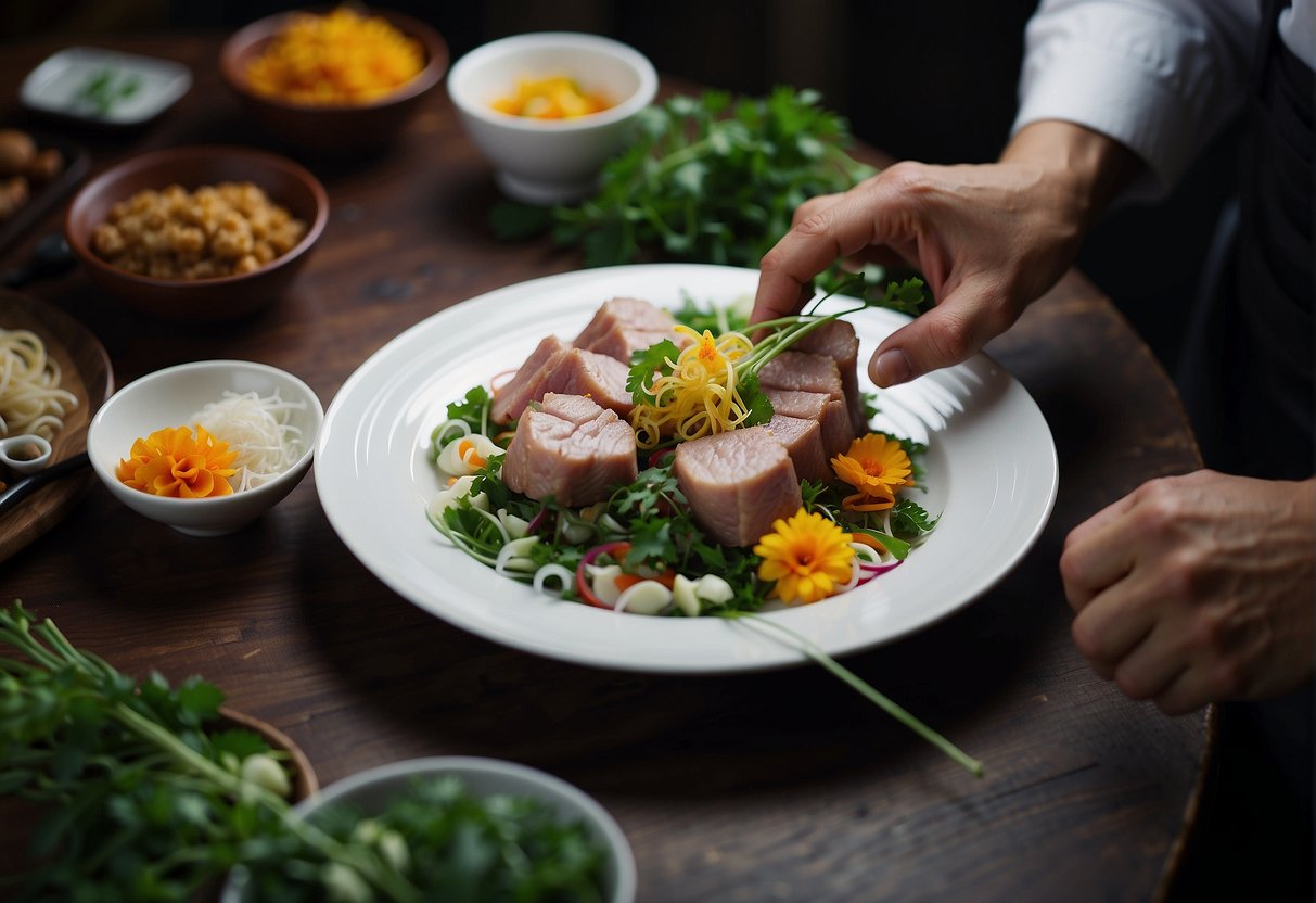 A chef garnishes a plate of authentic Chinese pork recipes with vibrant green herbs and delicate edible flowers for presentation