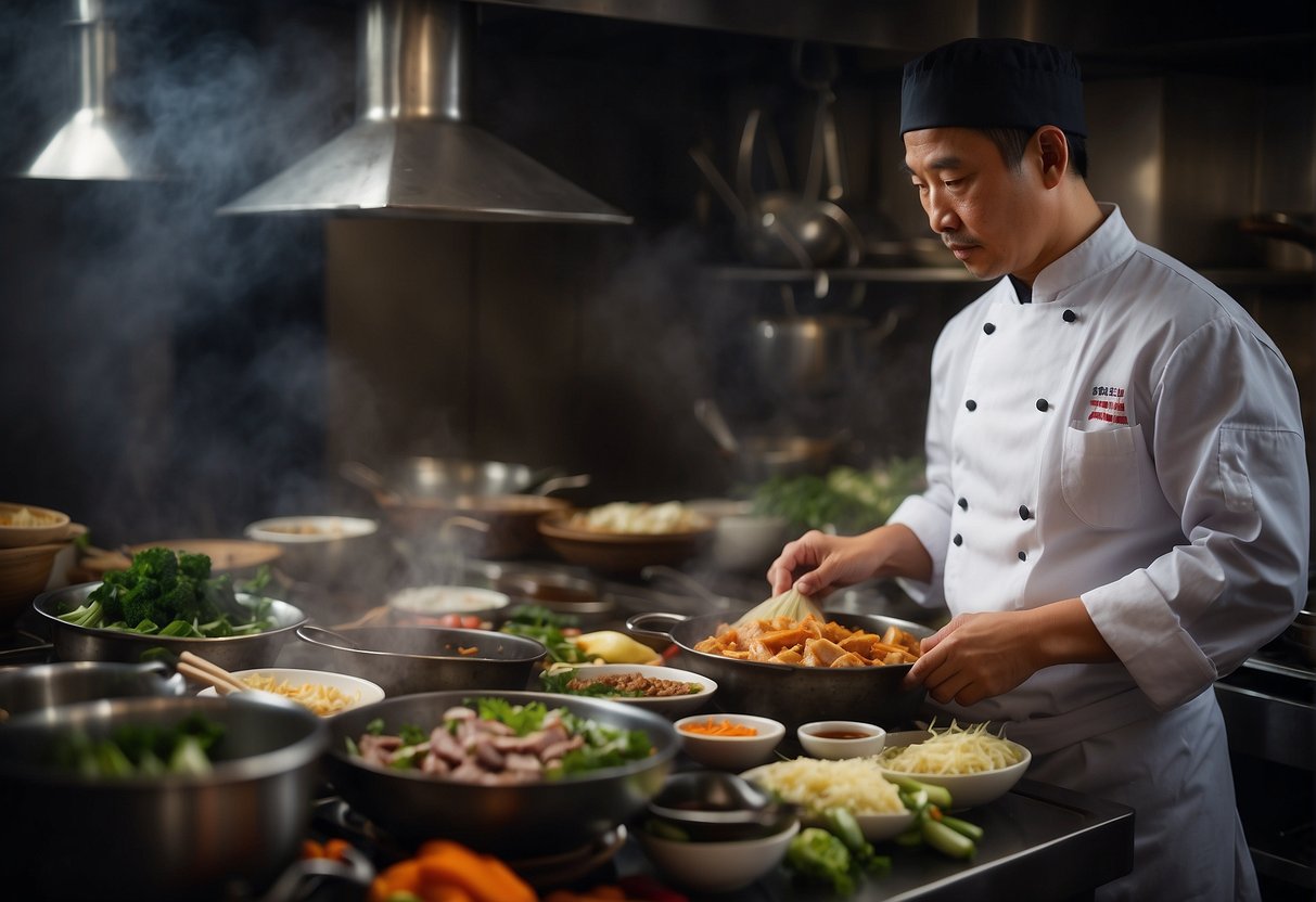A chef prepares a variety of authentic Chinese pork dishes, surrounded by ingredients and cooking utensils