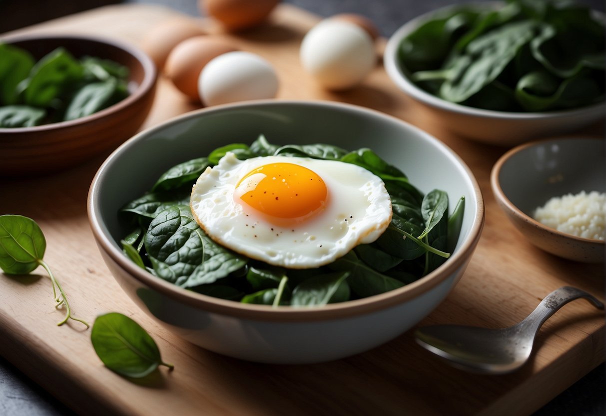 Chinese spinach and eggs arranged on a cutting board, surrounded by a bowl of whisked eggs and a plate of chopped spinach