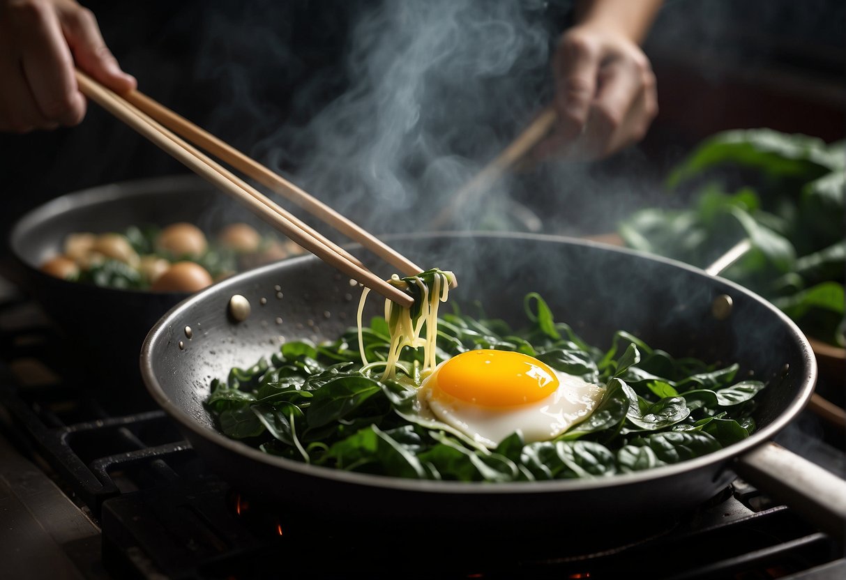 Chinese spinach and beaten eggs sizzle in a hot wok, as the cook stirs the ingredients with a pair of chopsticks