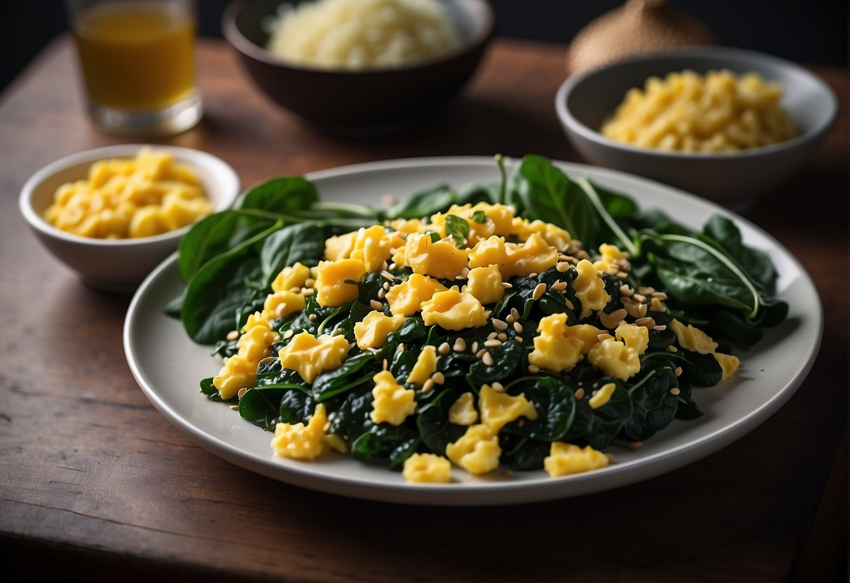 A plate of chinese spinach with scrambled eggs, garnished with sesame seeds and served with a side of steamed rice