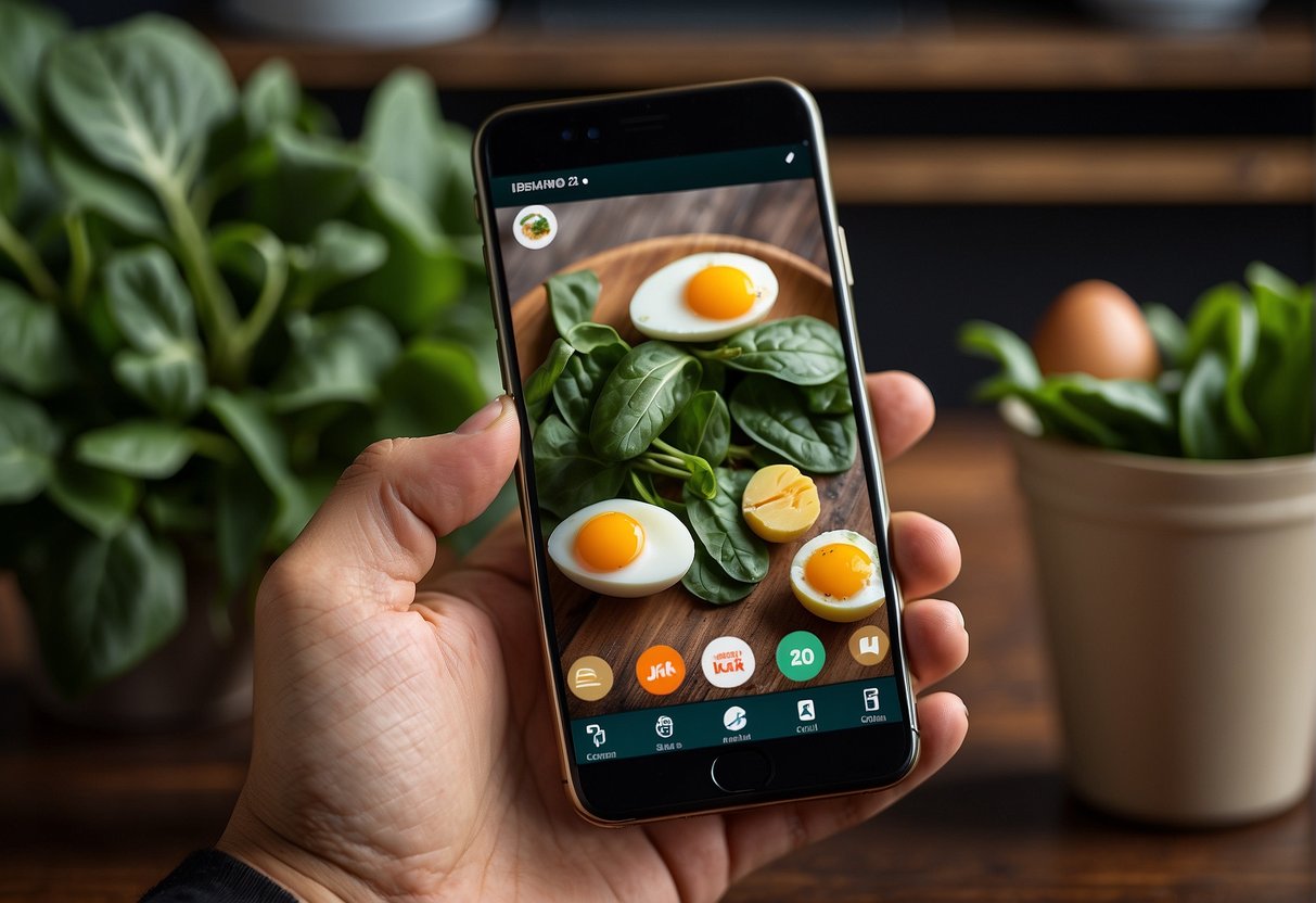 A hand holding a smartphone with a Chinese spinach and 3 eggs recipe on the screen, surrounded by social media engagement icons such as likes, comments, and shares