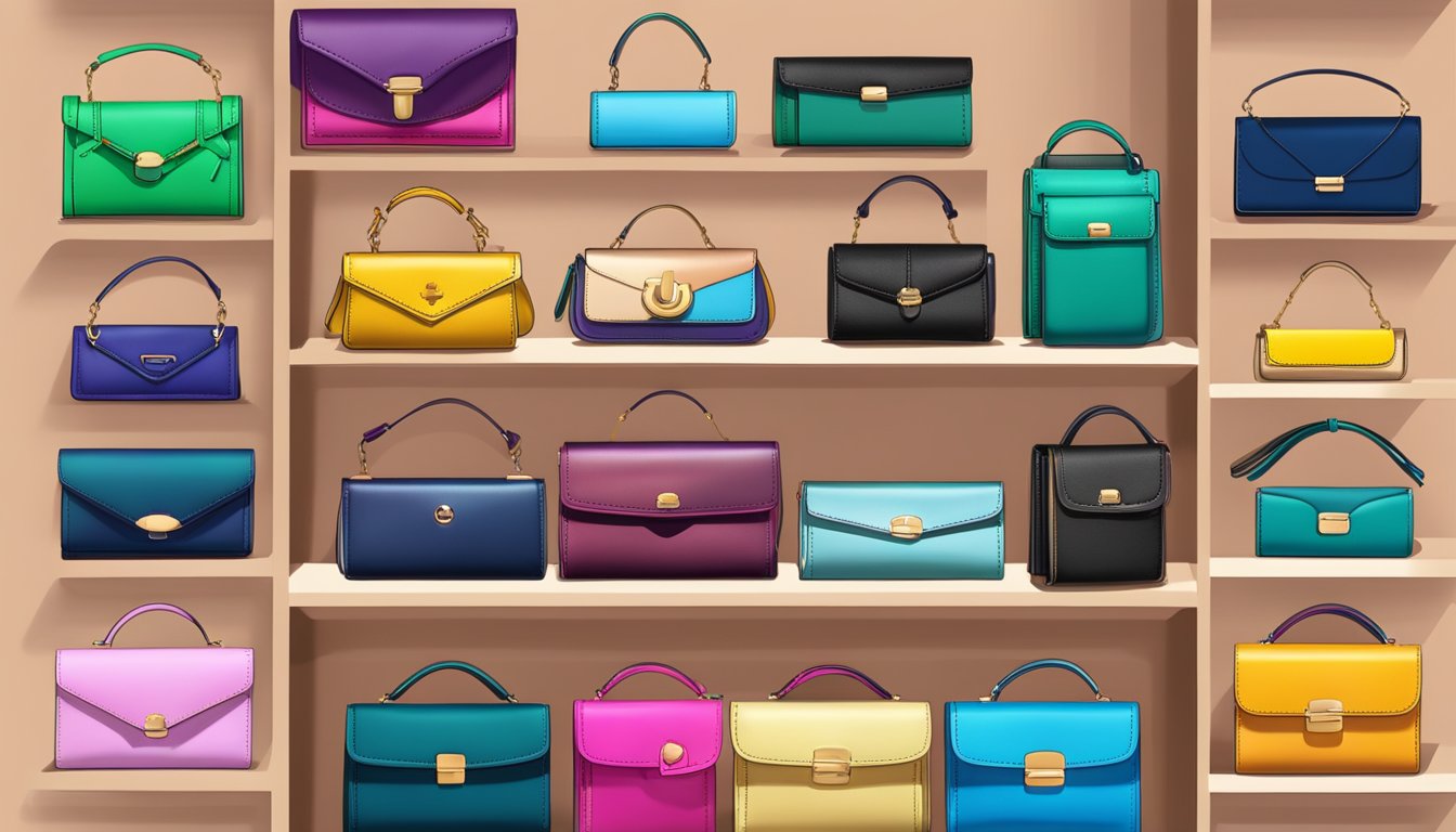 Colorful display of top affordable wallet brands for ladies, neatly arranged on a shelf with price tags