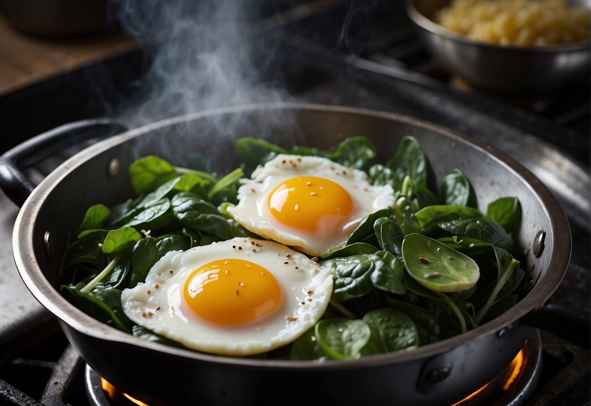 A wok sizzles with Chinese spinach and three beaten eggs, as steam rises and fragrant aromas fill the kitchen