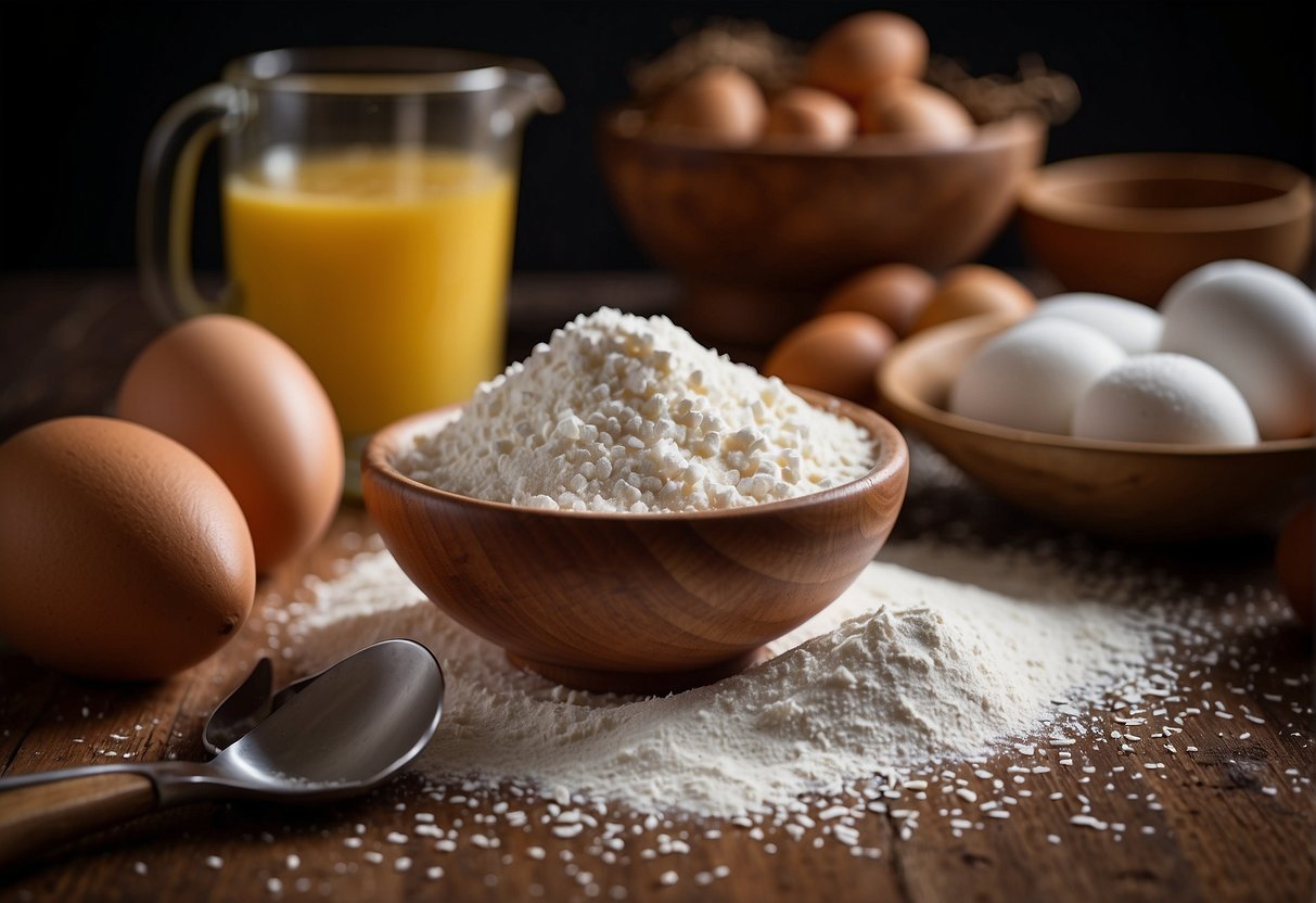 A table with flour, sugar, eggs, and a mixing bowl. Possible substitutes like coconut milk and almond flour are nearby