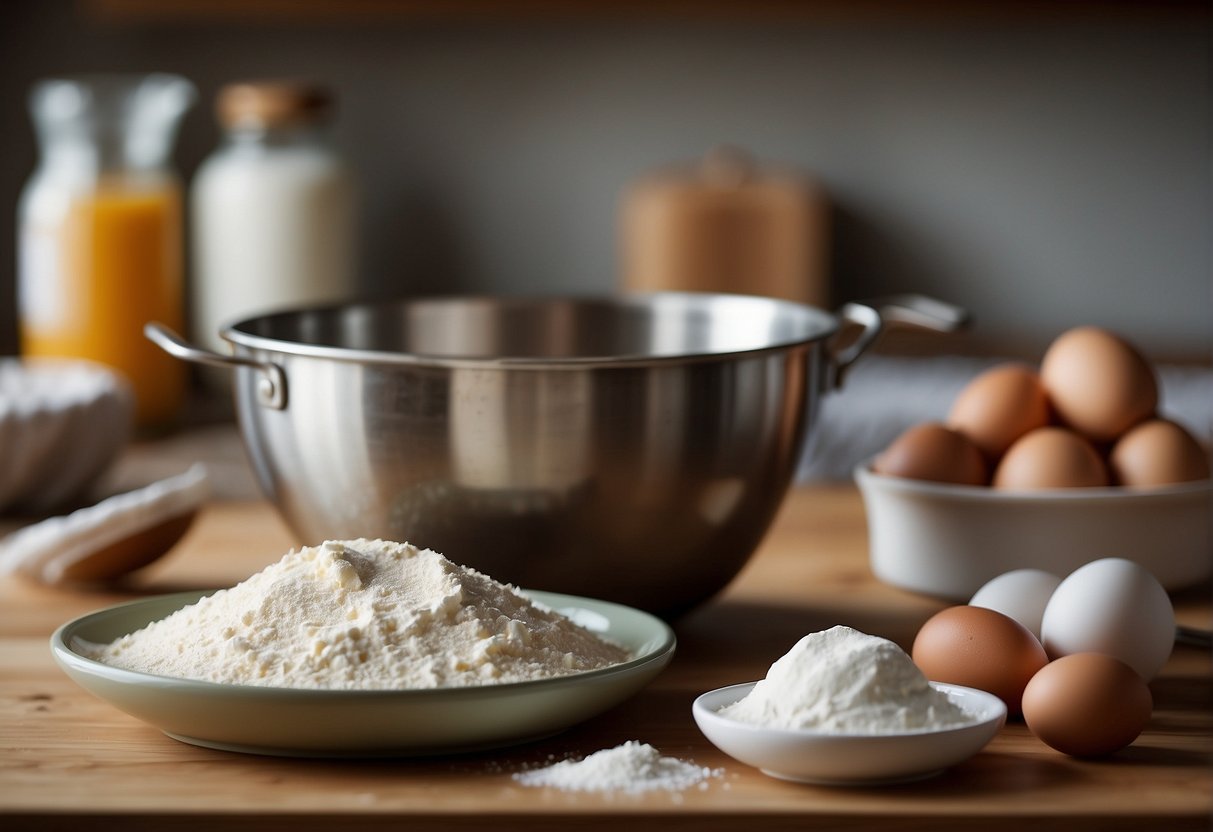 A mixing bowl with flour, eggs, sugar, and milk. A whisk and spatula on the counter. A measuring cup and spoon nearby