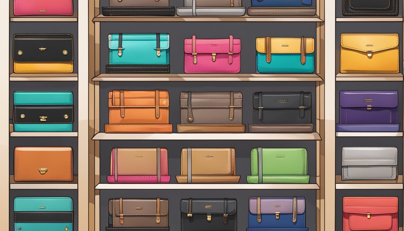 A display of trendy, colorful wallets arranged neatly on a sleek, modern shelf in a well-lit boutique setting