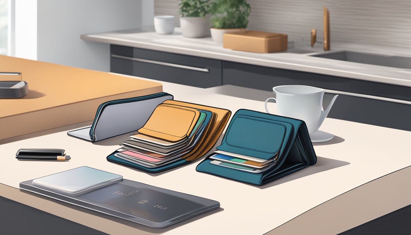 A woman's wallet sits on a sleek, modern countertop. It is open, revealing multiple compartments for cards and cash. The design is minimalist and elegant, with a focus on functionality and style