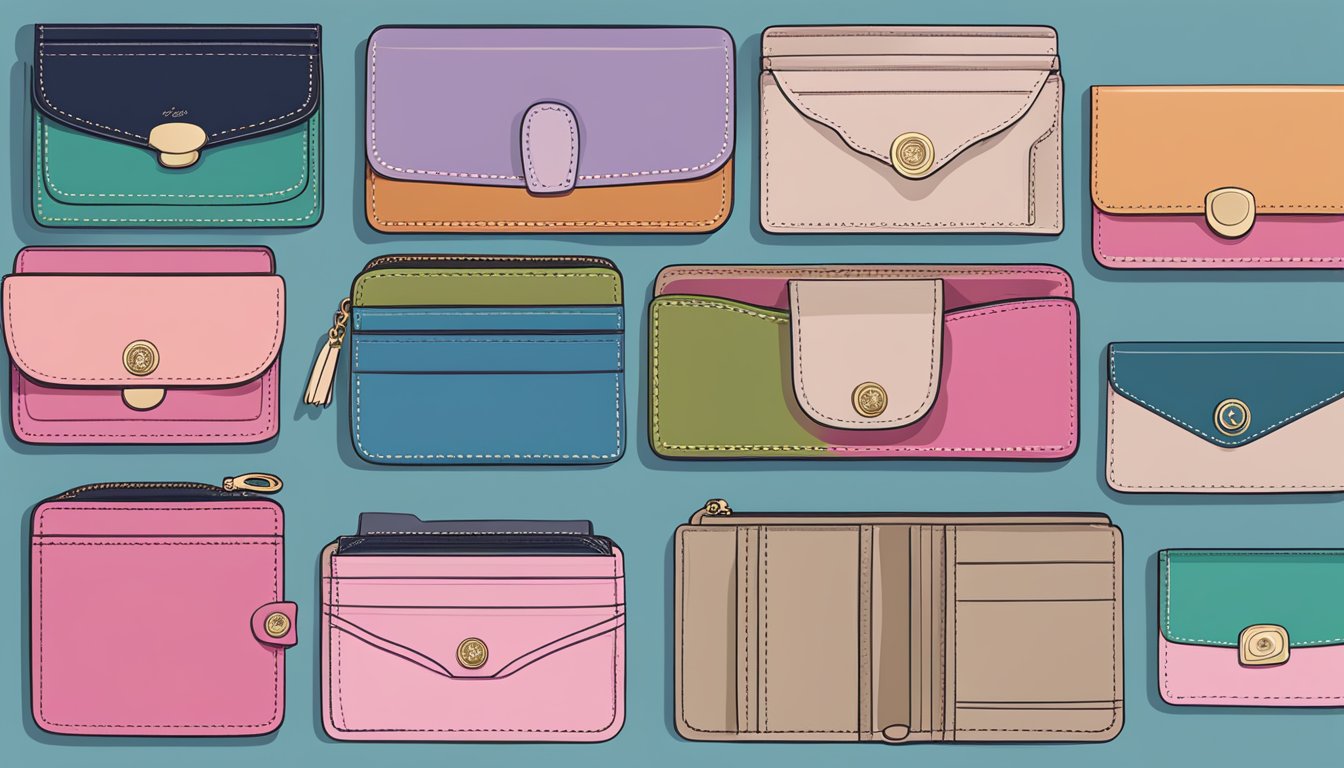 A display of stylish wallets labeled "FAQ: Affordable Wallet Brands for Ladies" with various designs and price tags