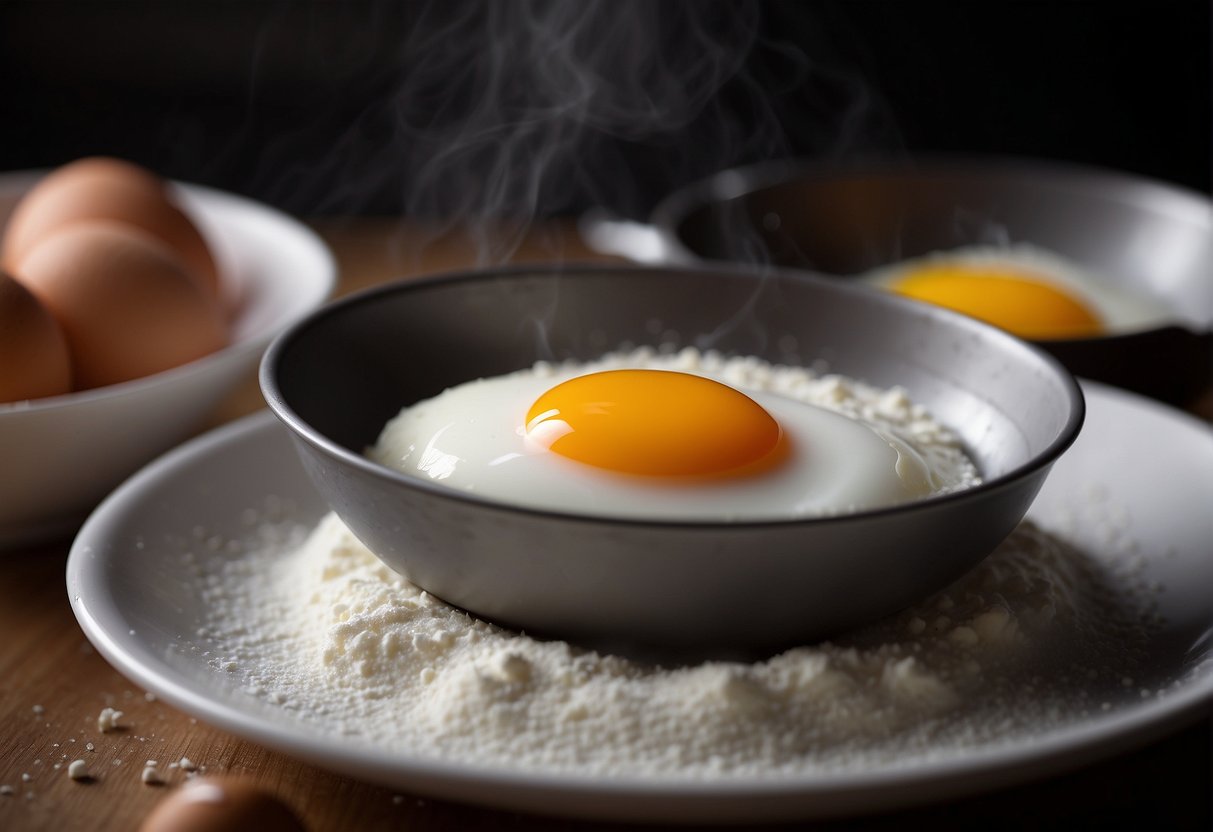 Eggs, sugar, and flour are mixed in a bowl. Bubbles rise as the batter is poured into a cake pan and placed in the oven