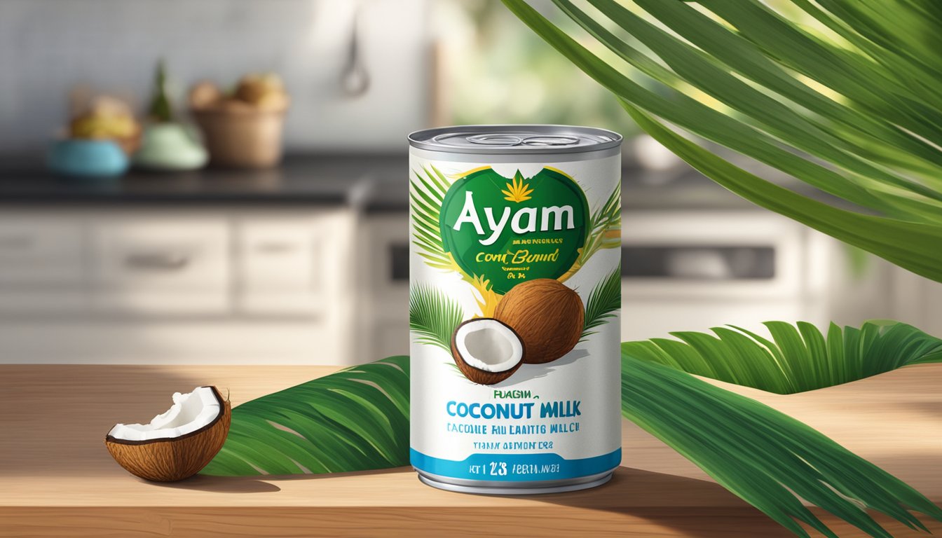 A can of Ayam Brand coconut milk sits on a rustic kitchen countertop, surrounded by fresh coconuts and vibrant green palm leaves