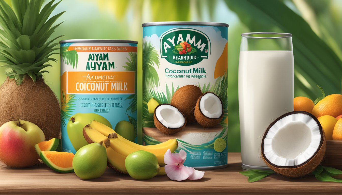 A can of Ayam Brand coconut milk sits on a wooden table, surrounded by vibrant tropical fruits and vegetables. A nutrition label is prominently displayed, showcasing the product's nutritional profile